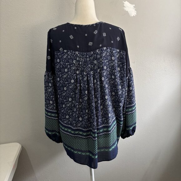 Gap Mix Print Pintuck Long Sleeve Tops Size Large Paisley Navy & Green Flowy - Picture 7 of 12